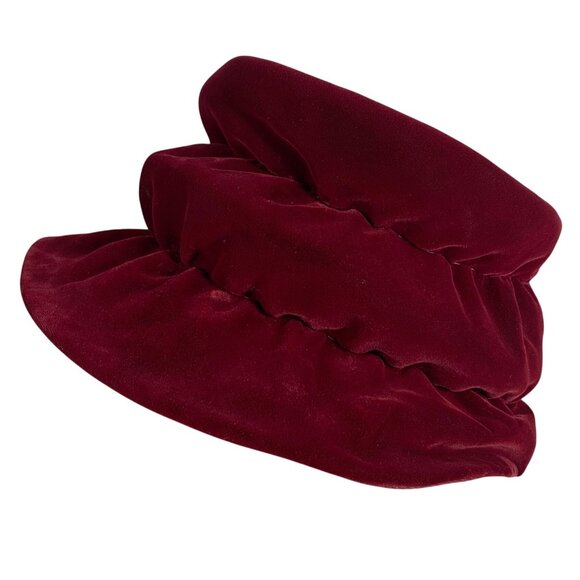 Burgundy Red Velvet Floppy Scrunchy Bucket Cloche Hat + Pink Rose Union Made USA - Picture 4 of 7